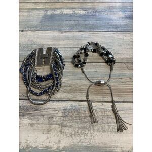 Set of 2 Silver Tone Multi-strand Bracelet Blue Black‎